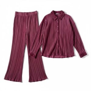 Ces Femme Crinkle Velvet Set Medium Pink Button Front Top Wide Leg Pants NWOT